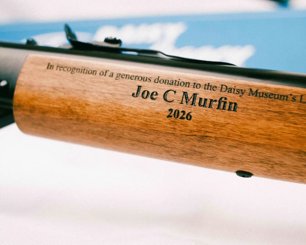 Laser engravement with name and year on the Daisy Family Legacy BB Gun
